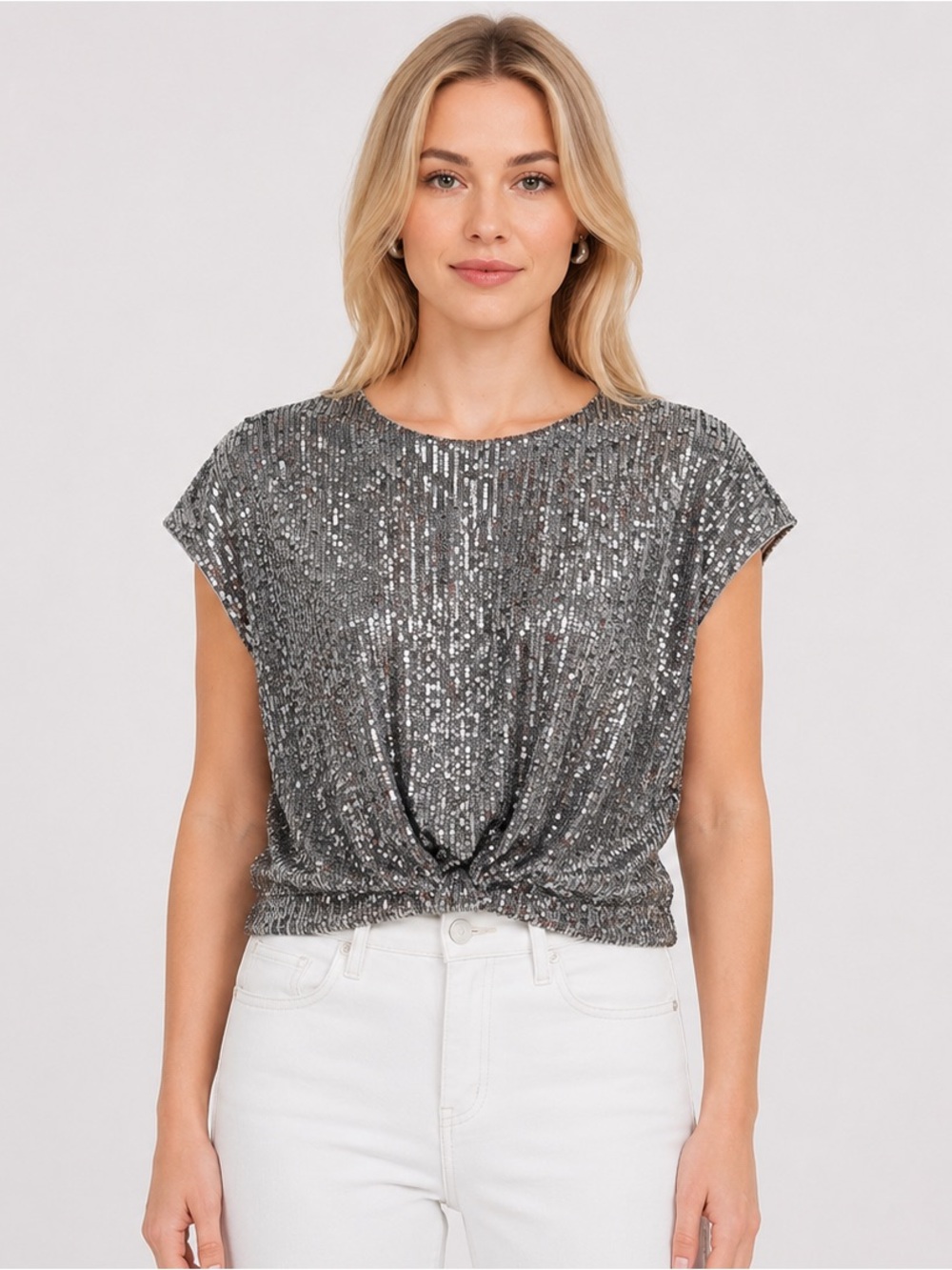 Ann Taylor LOFT Silver Gray Sequin Stretch Cap Sleeve Crop Holiday Blouse Size L
